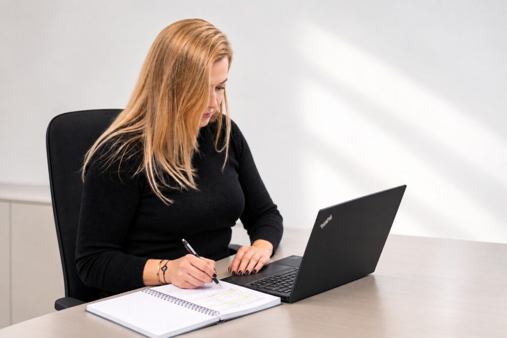 Führungskraft plant konzentriert ihren Arbeitstag am Schreibtisch – MODUL TRAINING