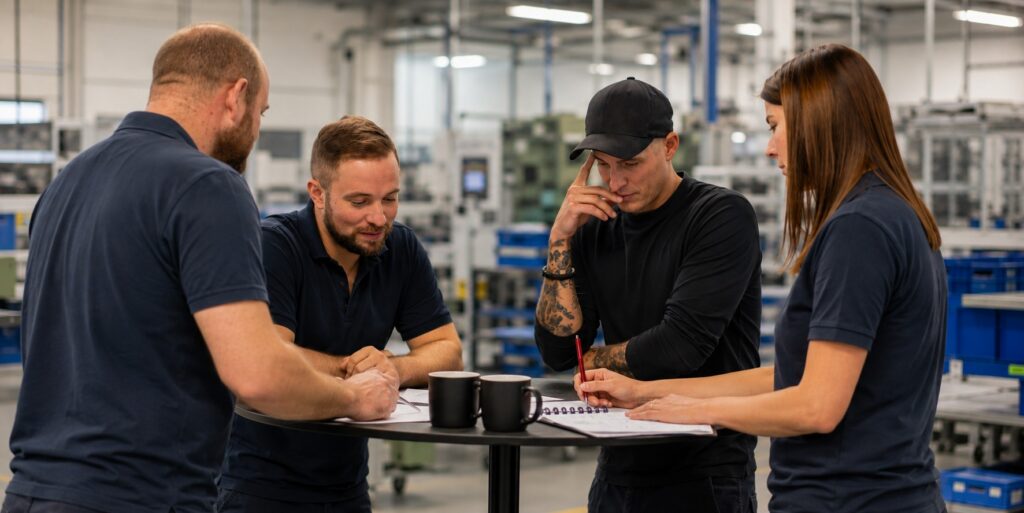 Führungskraft bespricht sich mit ihrem Team direkt in der Halle – MODUL TRAINING