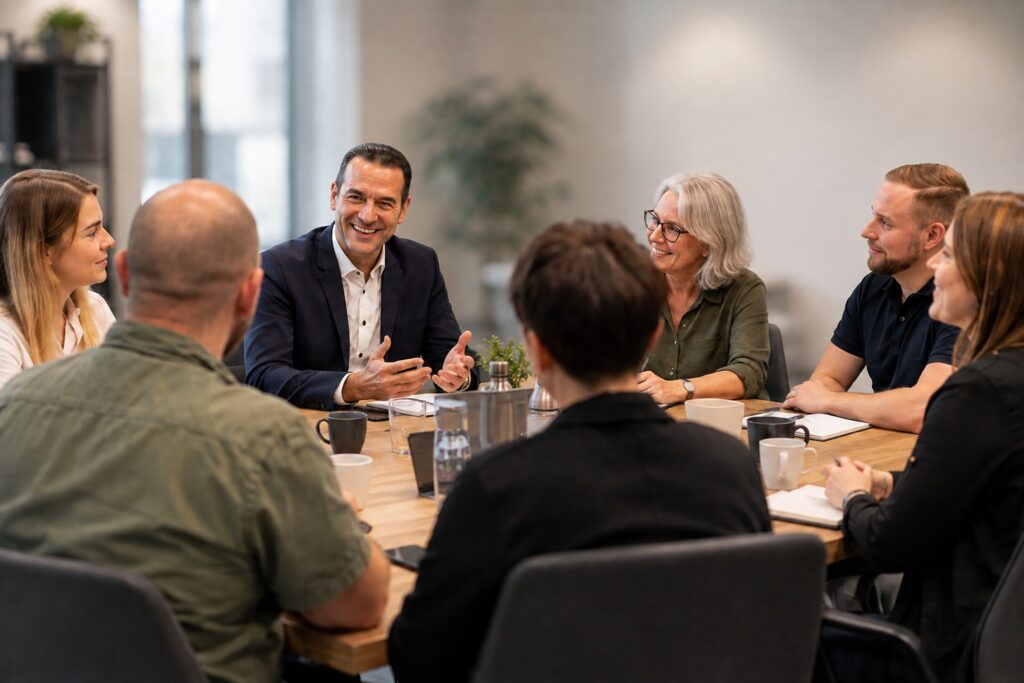 Führungskraft leitet eine Besprechung mit jüngeren und älteren Mitarbeitenden – MODUL TRAINING