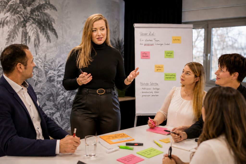 Nachwuchsführungskräfte: Junge Führungskraft leitet ihr Team souverän am Flipchart – MODUL TRAINING