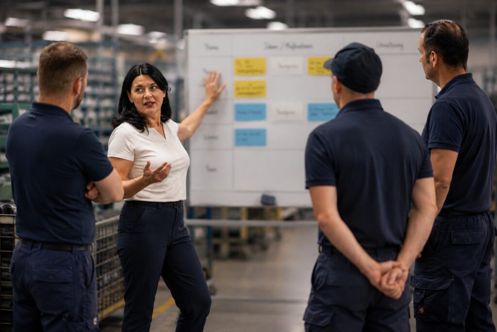 Führungskraft bespricht Maßnahmen mit ihrem Team an der Planungstafel – MODUL TRAINING