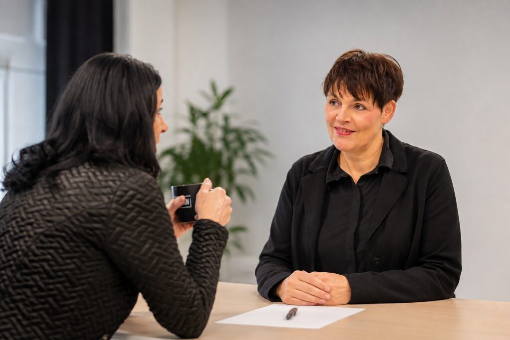 Führungskraft im ruhigen Vieraugengespräch am Besprechungstisch – MODUL TRAINING