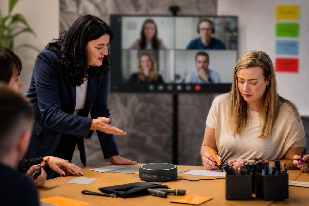 Führungskraft leitet ein hybrides Team vor Ort und per Video – MODUL TRAINING
