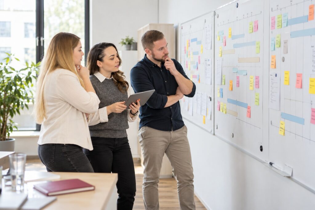 Projektabschluss und Multiprojektmanagement: Team prüft den Projektplan am Whiteboard – MODUL TRAINING
