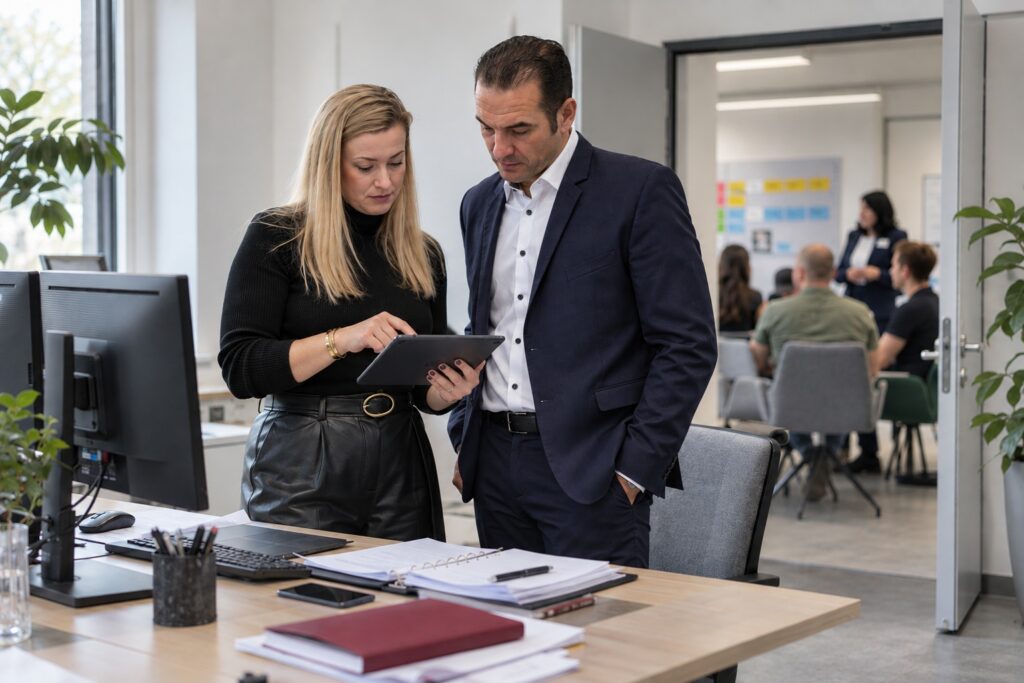 Assistentin und Führungskraft stimmen sich am Tablet im Büro ab – MODUL TRAINING