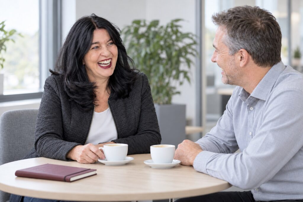 Aktive Kundenbindung: entspanntes Kundengespräch bei einer Tasse Kaffee – MODUL TRAINING
