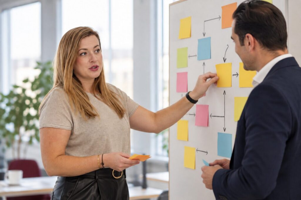 Arbeitsabläufe optimieren: zwei Mitarbeitende besprechen einen Prozessablauf am Whiteboard