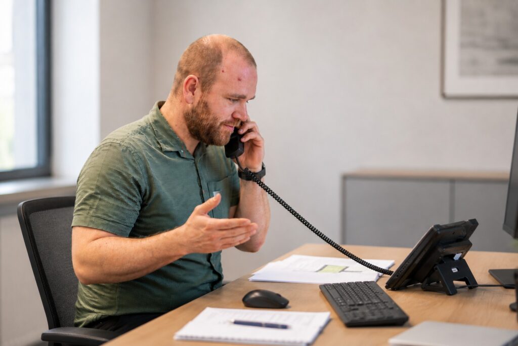 Deeskalationstraining am Telefon: Person führt ruhig und konzentriert ein Telefongespräch am Arbeitsplatz – MODUL TRAINING