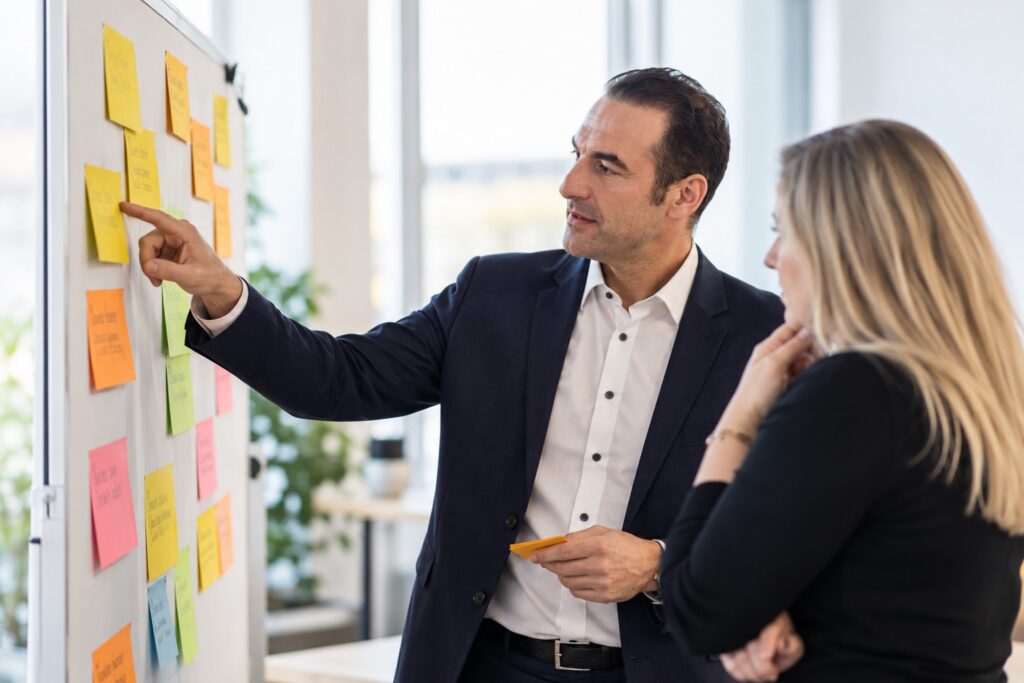 Entscheidungen treffen: Führungskraft und Kollegin wägen Optionen an der Pinnwand ab – MODUL TRAINING