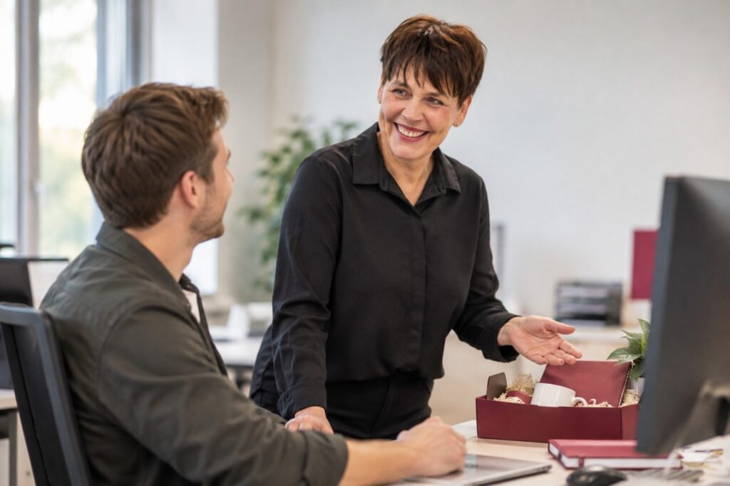 Employer Branding: Führungskraft begrüßt eine neue Fachkraft mit Willkommenspaket am Arbeitsplatz