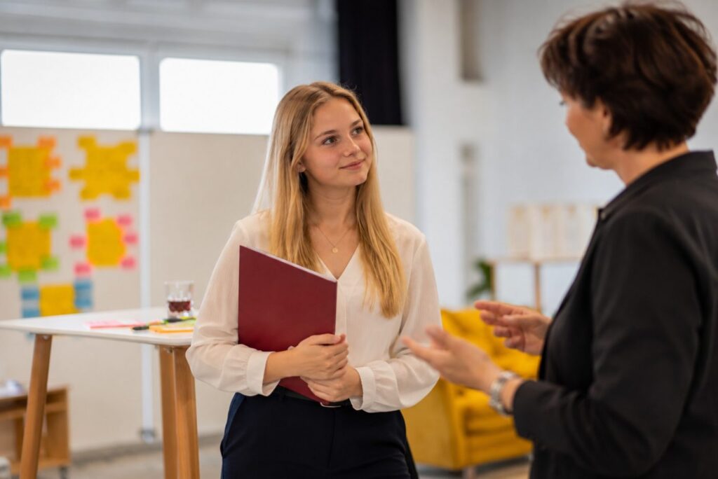 Fit für die Ausbildung: Auszubildende im Gespräch mit ihrer Ausbilderin im Büro