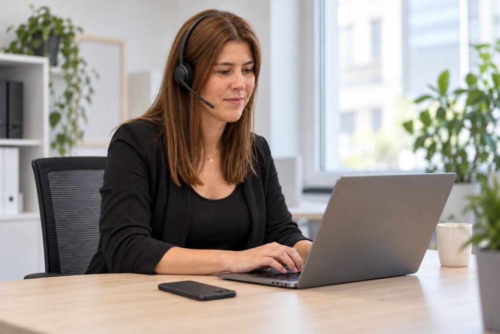 Fokus halten: Mitarbeiterin arbeitet konzentriert am Laptop