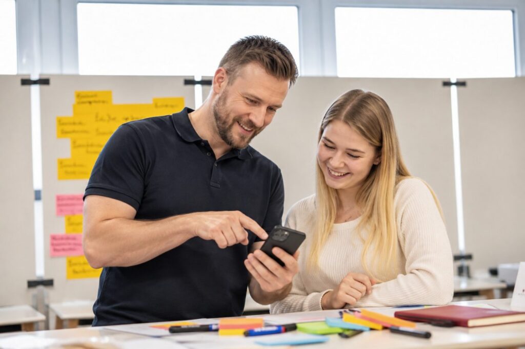 Gespräche mit Azubis führen: Ausbildende Person und Auszubildende schauen gemeinsam auf ein Smartphone