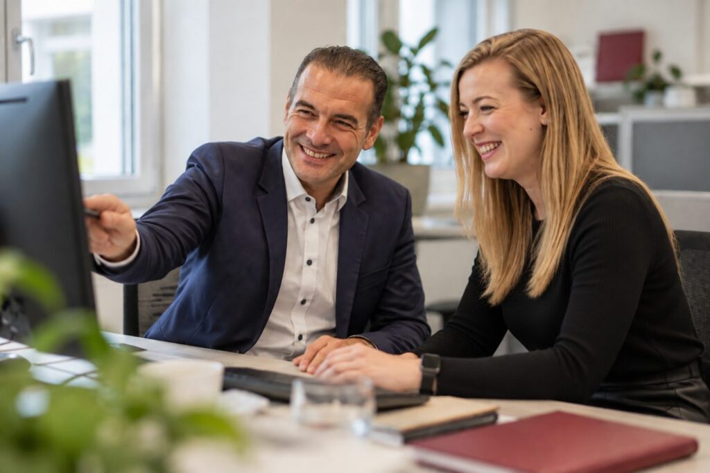 Generationen im Unternehmen: erfahrene Fachkraft und junge Kollegin arbeiten gemeinsam am Bildschirm