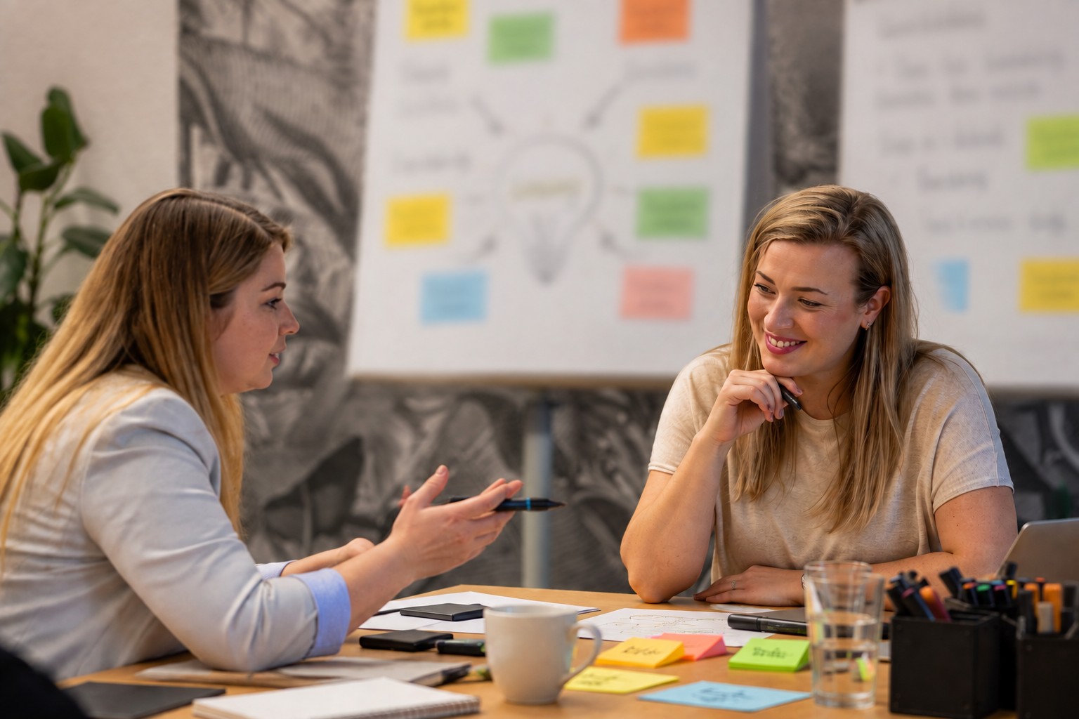 Lösungsorientierte Kommunikation: Zwei Kolleginnen entwickeln im Gespräch gemeinsam eine Lösung – MODUL TRAINING