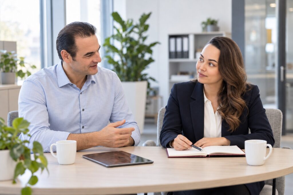 Neukundenakquise im B2B: Erstgespräch mit Interessentin am Besprechungstisch – MODUL TRAINING