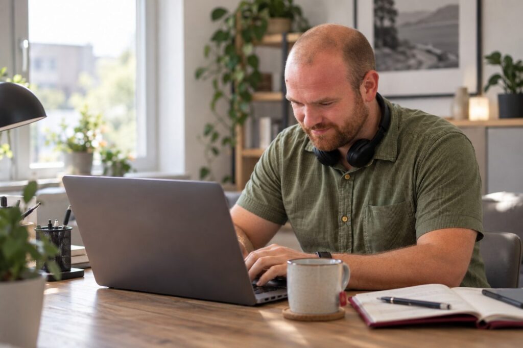 Selbstorganisation im Homeoffice: Mitarbeiter arbeitet konzentriert am Laptop am heimischen Schreibtisch