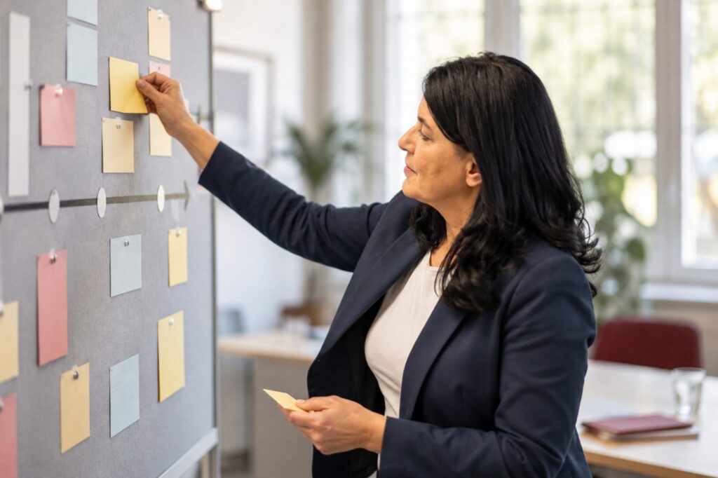Projektmanagement für Assistenz: Assistentin ordnet Aufgaben auf einer Projekttafel