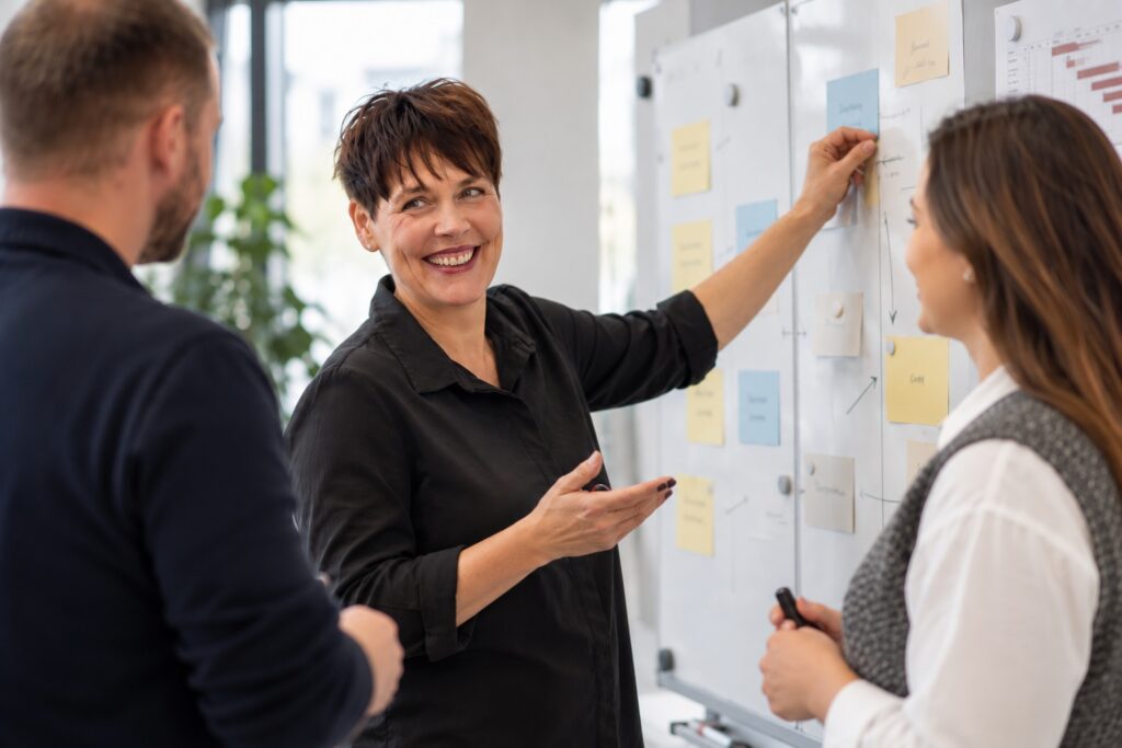 Projektteams führen: Projektleiterin motiviert ihr Team am Board