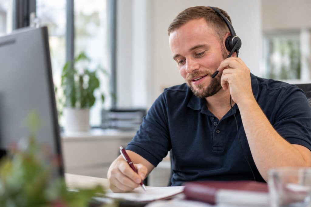 Telefontraining Support: Servicemitarbeiter im freundlichen Kundengespräch am Headset