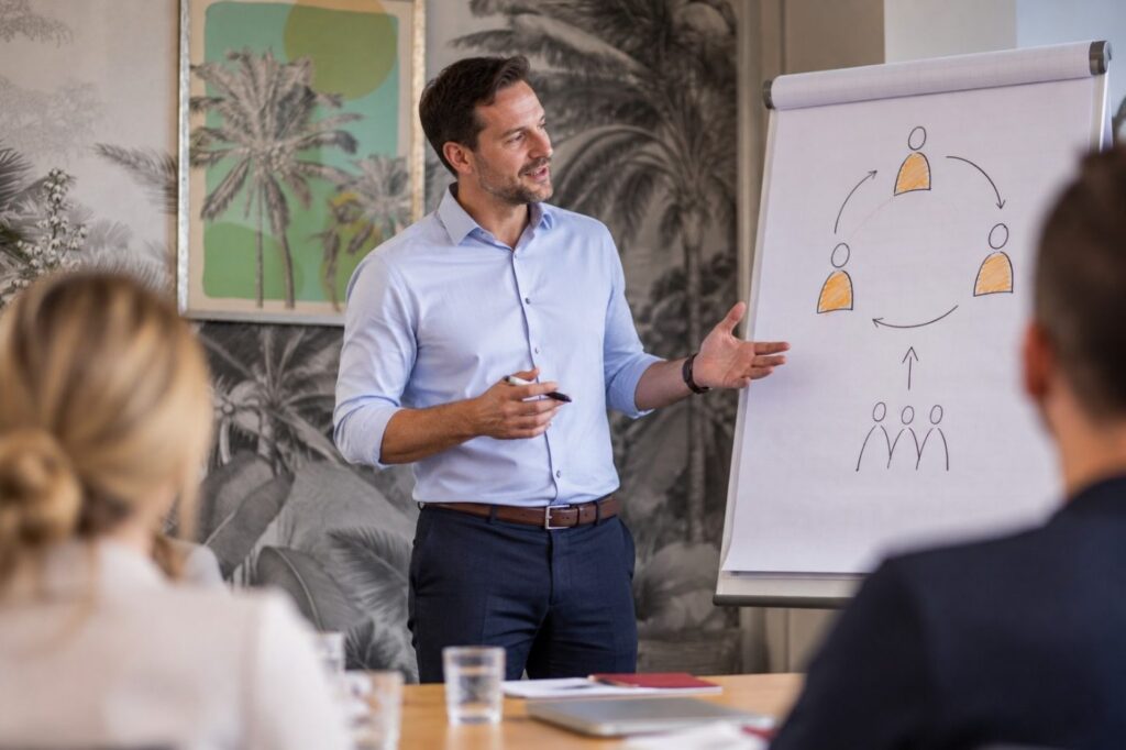 Train-the-Trainer: Seminarleitung erklärt am Flipchart ein Modell vor einer Gruppe