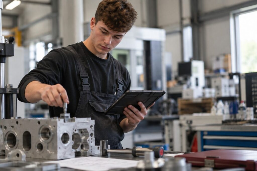 Vom Azubi zur Fachkraft: junger Mitarbeitender prüft ein Bauteil in der Werkstatt mit Tablet