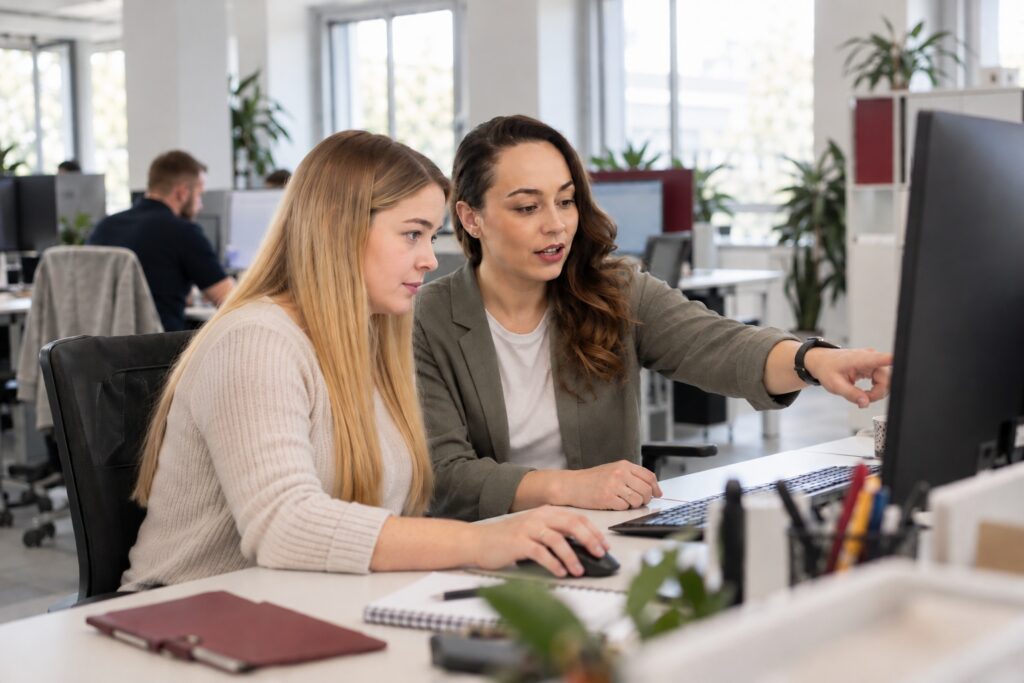 Zwei Kolleginnen arbeiten gemeinsam am Bildschirm mit digitalen Tools – MODUL TRAINING