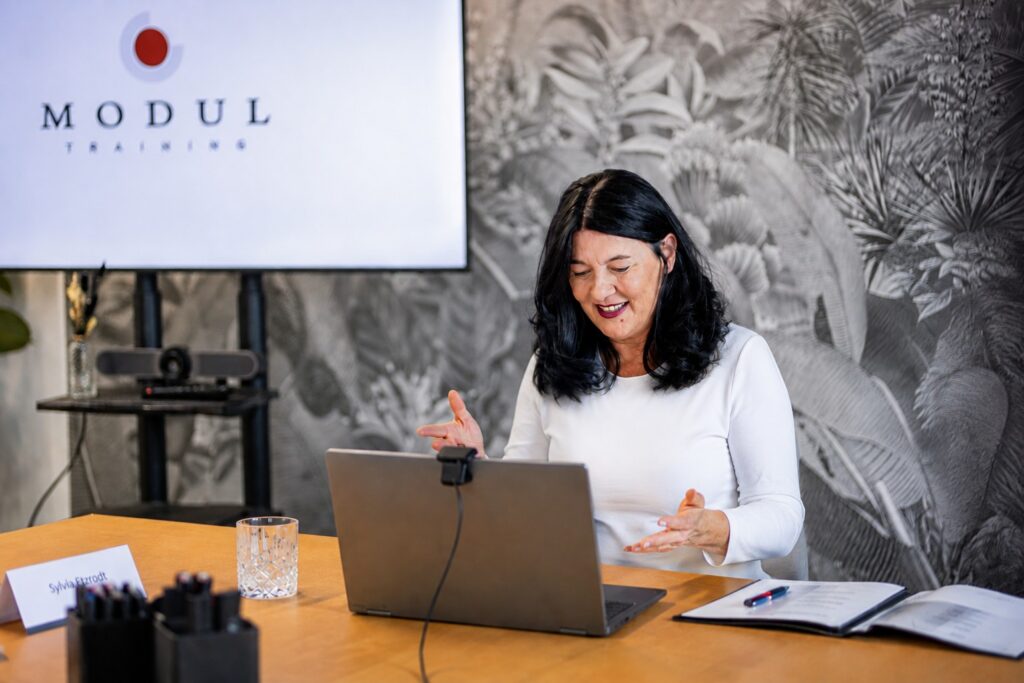 Seminarleitung moderiert ein Online-Seminar per Videokonferenz – MODUL TRAINING