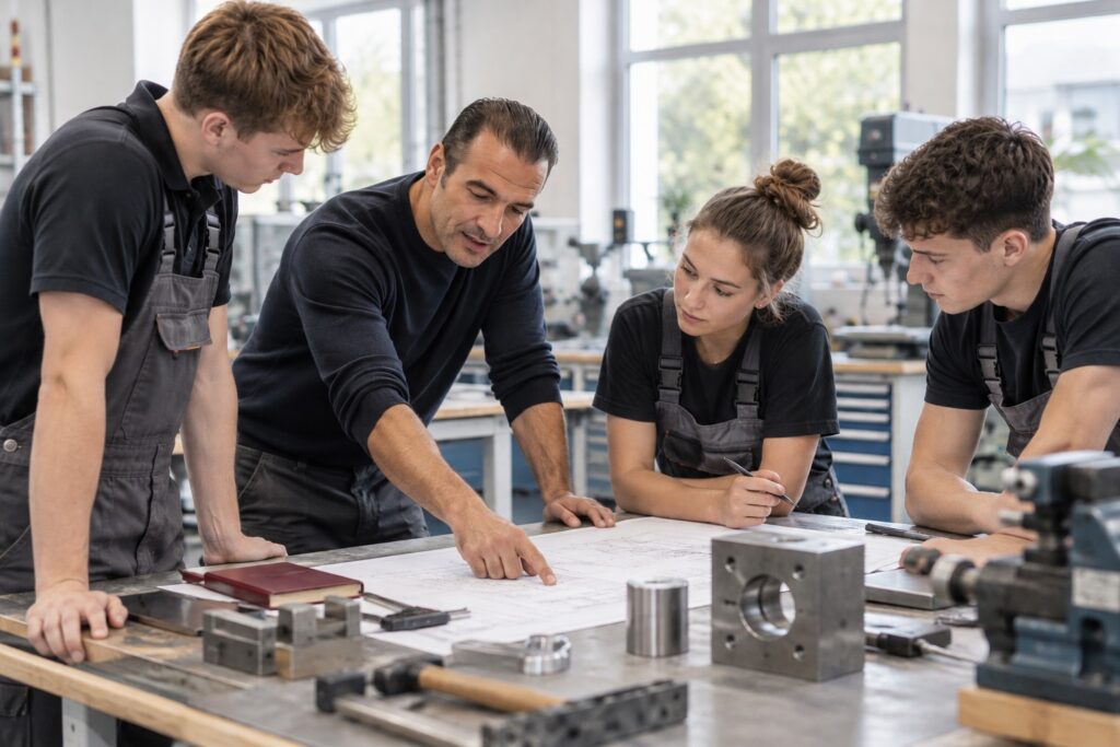 Ausbilder bespricht mit Auszubildenden eine Zeichnung an der Werkbank – MODUL TRAINING