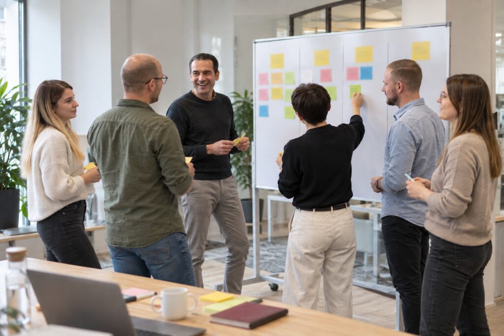 Projektstart im Seminar: Team sammelt Aufgaben am Whiteboard mit Haftnotizen – MODUL TRAINING