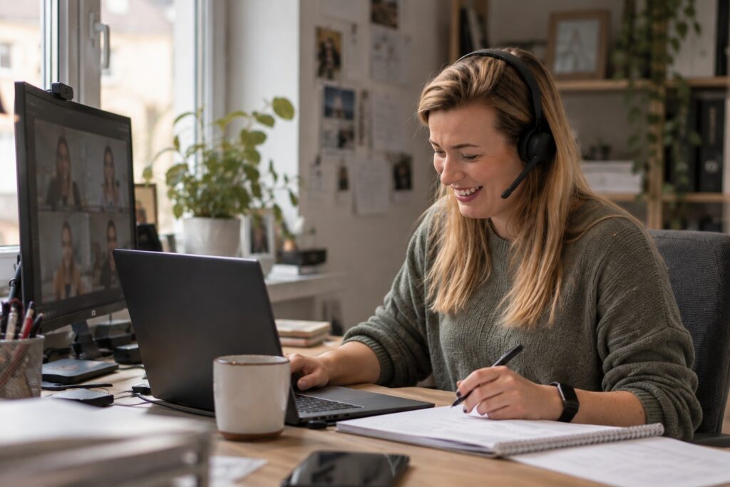 Mitarbeiterin im Homeoffice mit Headset in einer Videokonferenz – MODUL TRAINING