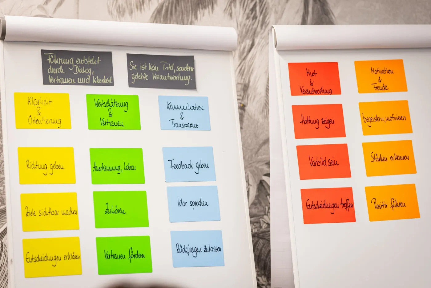 Flipcharts mit Moderationskarten zu Führungswerten wie Klarheit, Wertschätzung und Vertrauen