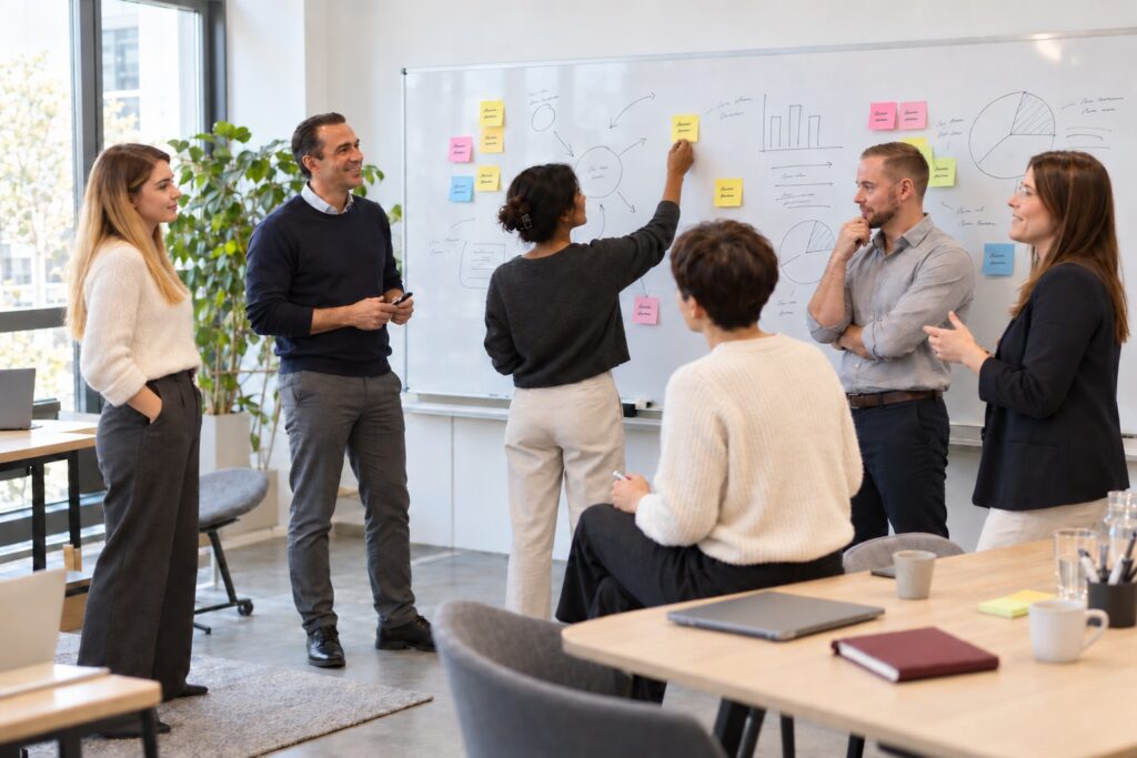 Innovation und Veränderung: gemischtes Team sammelt Ideen am Whiteboard – MODUL TRAINING