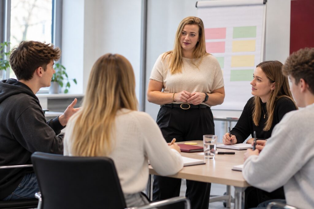 Auszubildende im Gespräch am Besprechungstisch – MODUL TRAINING
