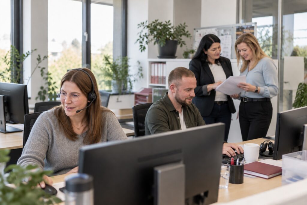 Kundenkontakt im Support: Mitarbeiterin mit Headset berät am Telefon – MODUL TRAINING