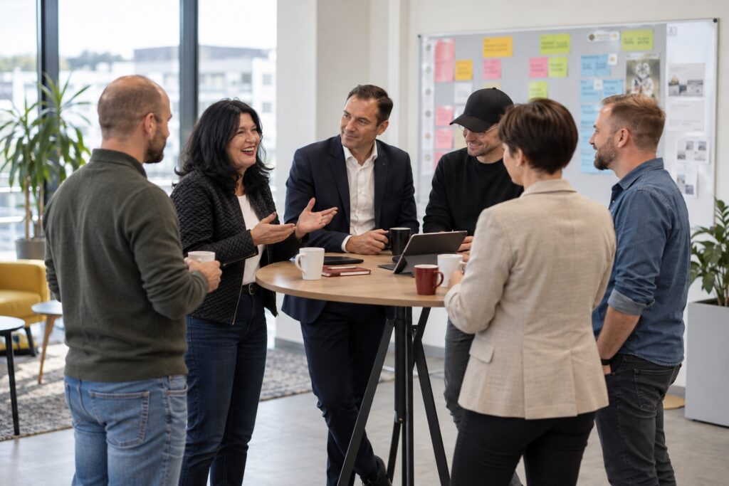 Kommunikation im Projekt: Projektteam im Austausch am Stehtisch – MODUL TRAINING