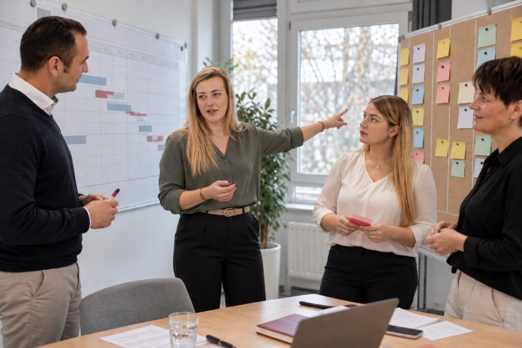 Projektmethoden agil, klassisch und hybrid: Team plant am Kanban-Board – MODUL TRAINING
