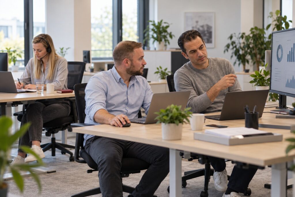 Moderne Vertriebswege: Vertriebsteam arbeitet an Laptops und Dashboard im Büro – MODUL TRAINING