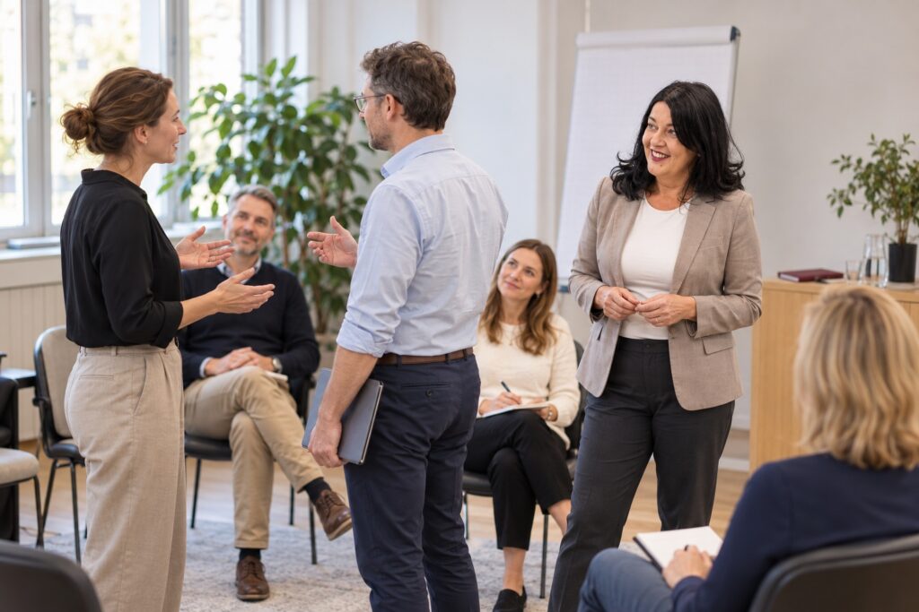 Verkaufspsychologie im Seminar: Gruppe im lebhaften Austausch am Flipchart – MODUL TRAINING