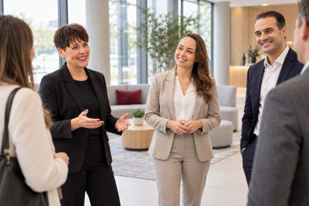 Professionelles Auftreten im Berufsalltag: Begrüßung im Foyer mit offener Haltung – MODUL TRAINING