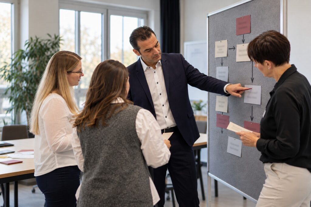 Team bespricht einen Prozessablauf an der Pinnwand – MODUL TRAINING