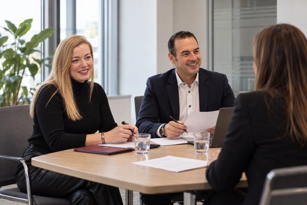Zwei Personen führen ein Auswahlgespräch mit einer Bewerberin – MODUL TRAINING