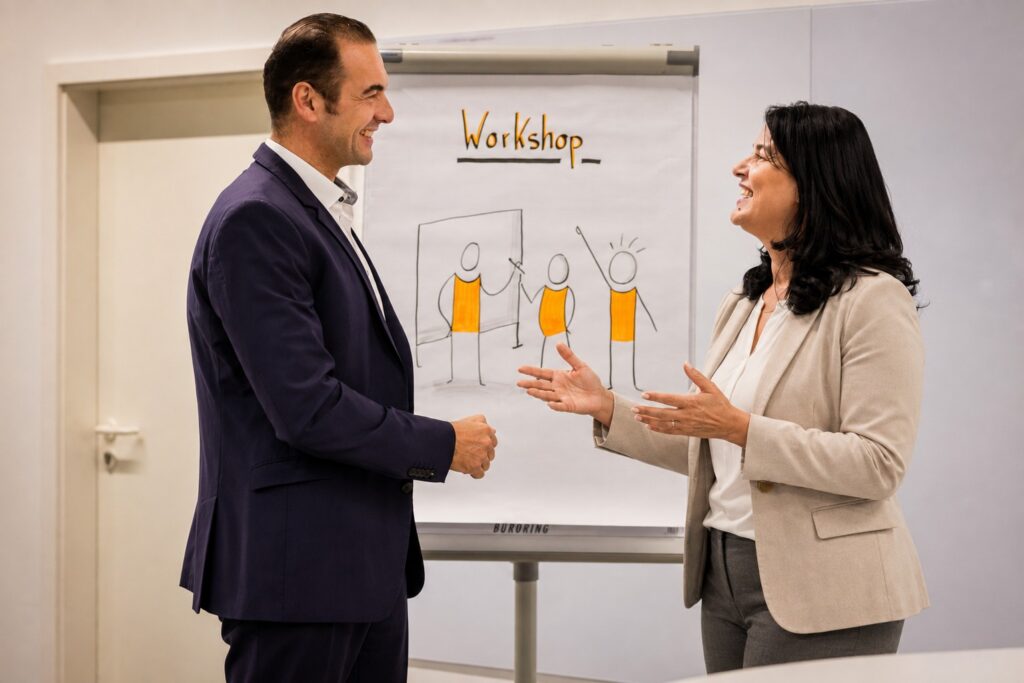 Zwei Personen im überzeugenden Austausch vor dem Flipchart – MODUL TRAINING