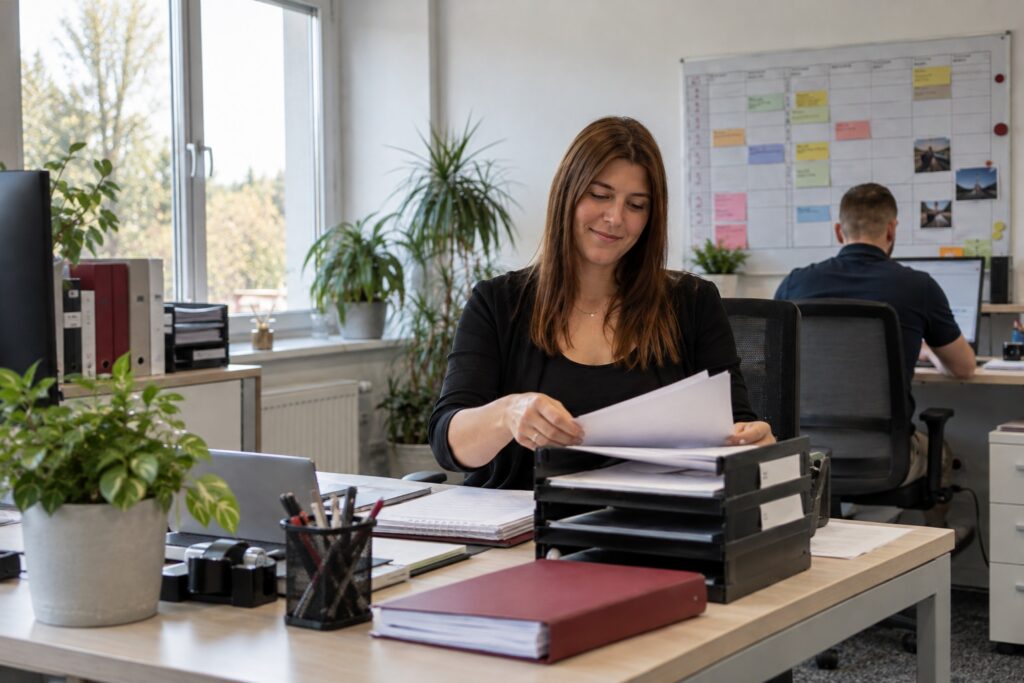 Mitarbeiterin sortiert Unterlagen an einem aufgeräumten Arbeitsplatz – MODUL TRAINING