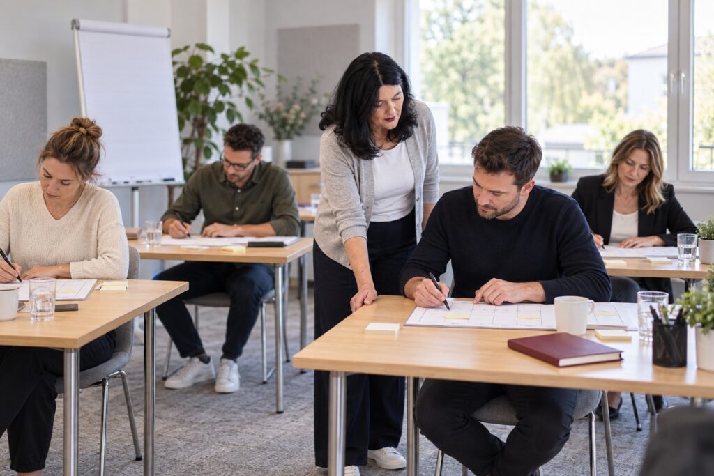 Selbst- und Zeitmanagement im Seminar: Teilnehmende planen ihre Aufgaben am Tisch – MODUL TRAINING