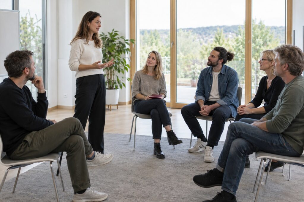 Selbstsicherheit und persönliche Wirkung: Gesprächsrunde im hellen Seminarraum – MODUL TRAINING