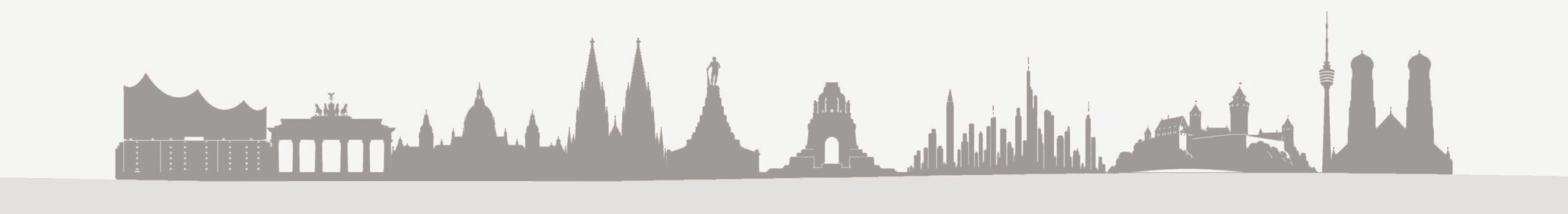 Seminarorte in ganz Deutschland: Skyline mit Elbphilharmonie, Brandenburger Tor, Neuem Rathaus Hannover, Kölner Dom, Herkules, Völkerschlachtdenkmal, Frankfurter Skyline, Kaiserburg, Stuttgarter Fernsehturm und Frauenkirche