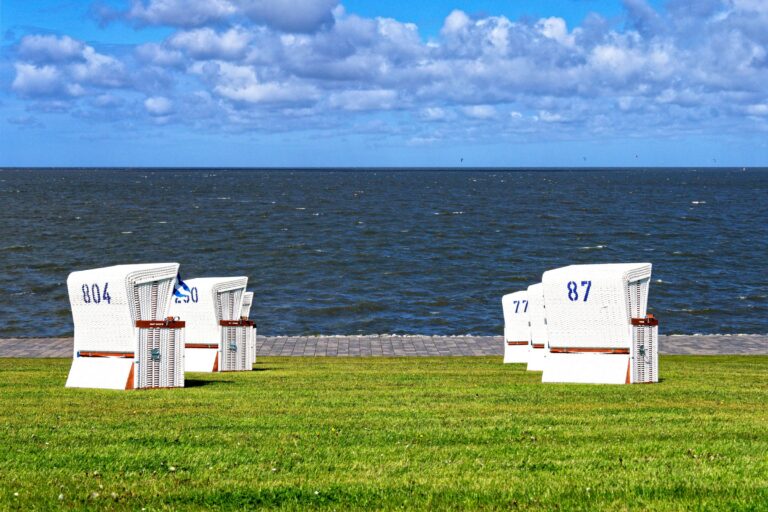 Sommerakademie Service an der Nordsee: weiße Strandkörbe auf dem Deich vor dem Meer
