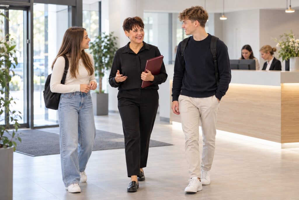 Auszubildende werden am ersten Tag im Eingangsbereich empfangen – MODUL TRAINING