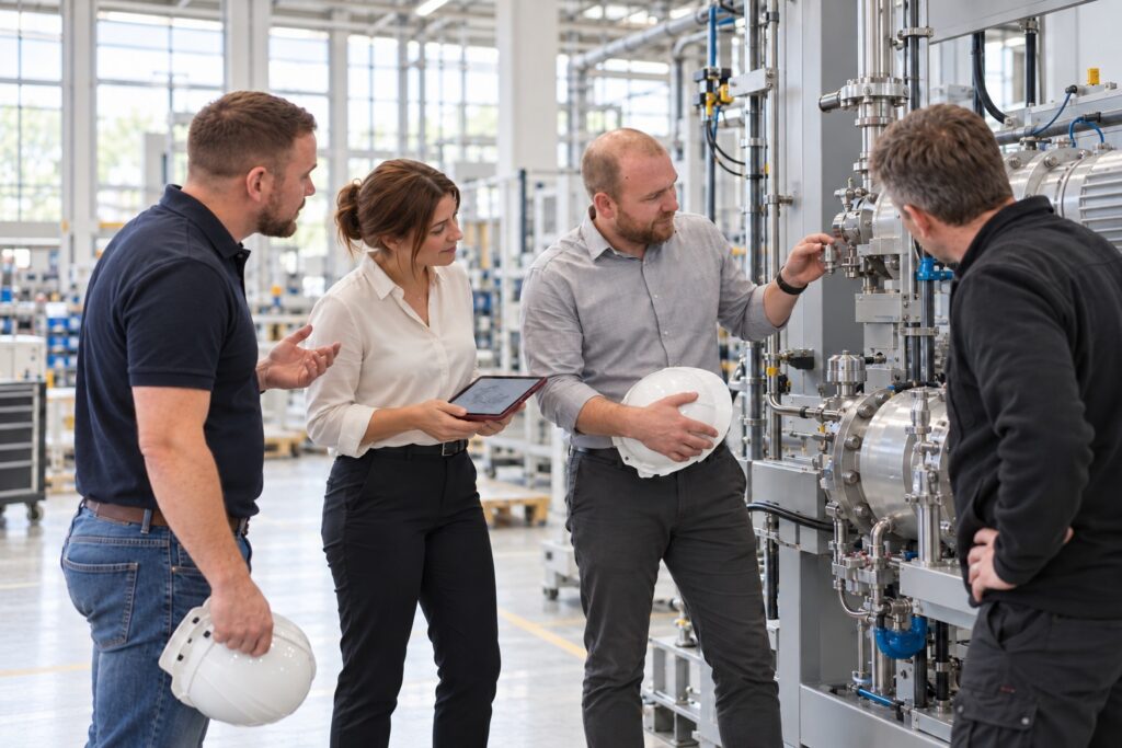 Technischer Vertrieb: Vertriebsteam bespricht eine Anlage direkt in der Produktion – MODUL TRAINING